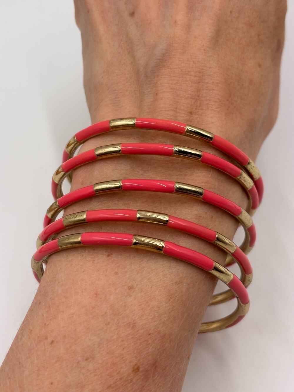 Coral Pink Enamel Bangle Bracelet Set Gold Tone Stacking Bracelets Set Of 5